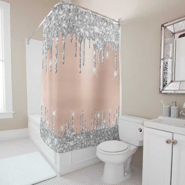 Spark Drips Glitter Effect Rose Silver Grey Shower Curtain (In Situ)