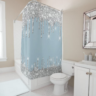 Spark Drips Glitter Effect Smoky Blue Silver Grey Shower Curtain