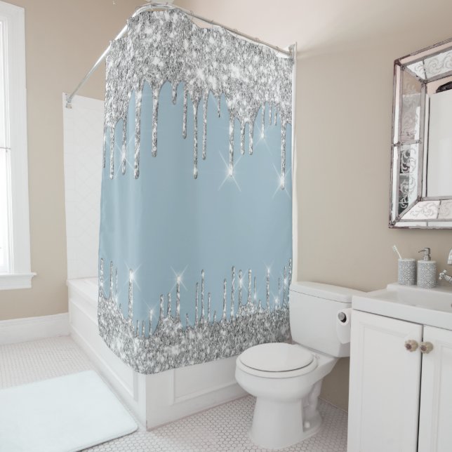 Spark Drips Glitter Effect Smoky Blue Silver Grey Shower Curtain (In Situ)