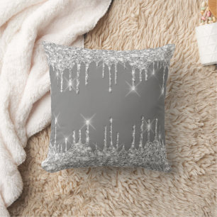 Spark Drips Glitter Effect Smoky Grey Silver Grey Cushion