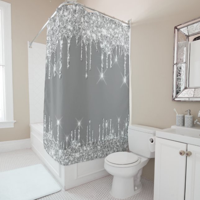 Spark Drips Glitter Effect Smoky Grey Silver Grey Shower Curtain (In Situ)