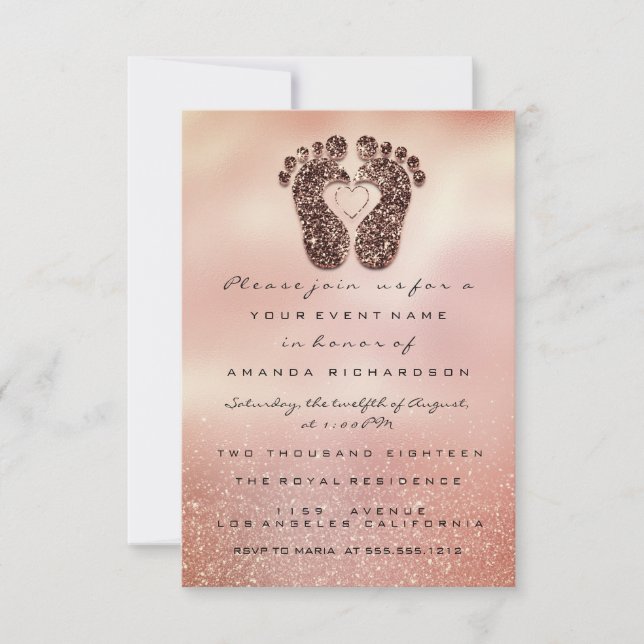 Spark Glitter Baby Shower Feet Rose Gold Glam VIP Invitation (Front)