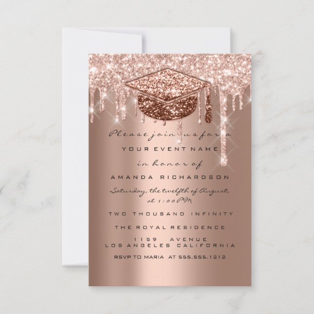 Spark Glitter Drip Rose Gold Graduate   Invitation (Front)