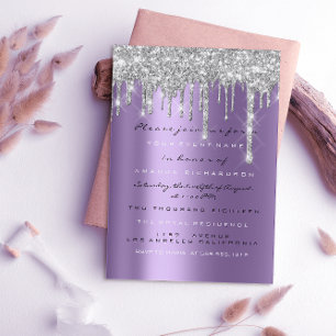 Spark Glitter Drip Silver Purple Grey  Bridal 16th Invitation