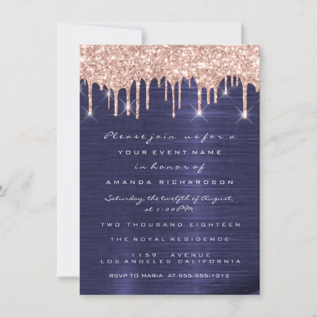 Spark Glitter Drips Rose Blue Navy  Bridal 16th Invitation (Front)