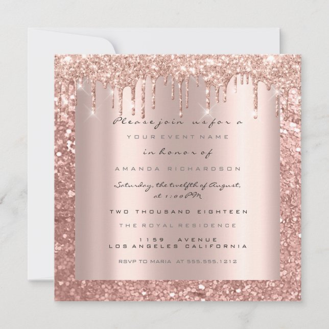 Spark Glitter Drips Rose Glitter Bridal Sweet 16th Invitation (Front)