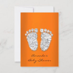 Spark Glitter Orange Silver Grey Baby Shower Feet Invitation