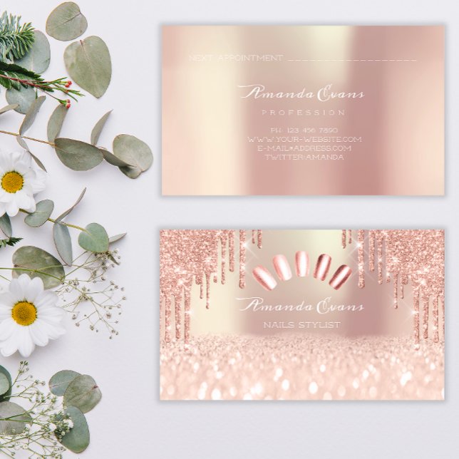 Spark Glitter Rose Gold Nails Artist Drips Appointment Card (Spark Glitter Rose Gold Nails Artist Drips Appointment Card)