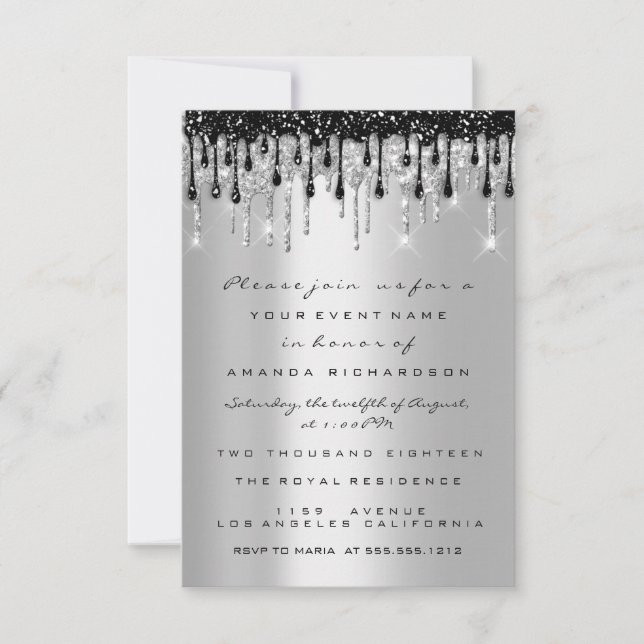 Spark Glitter Silver Black Drip Bridal Sweet 16th  Invitation (Front)