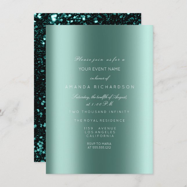 Spark Metallic Black Sequin Glitter Teal Bridal Invitation (Front/Back)