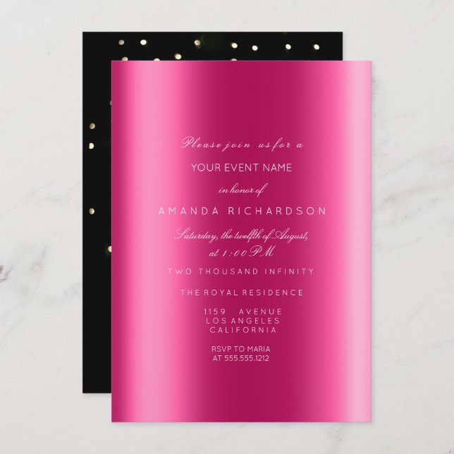 Spark Metallic Sepia Black Confetti Fuchsia Bridal Invitation (Front/Back)