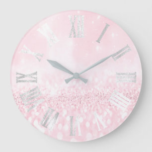 Spark Pink Grey Silver Glitter Metal Roman Numers Large Clock