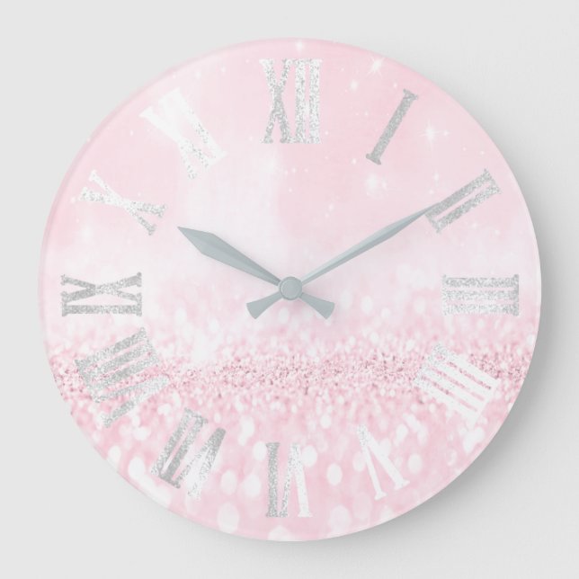 Spark Pink Grey Silver Glitter Metal Roman Numers Large Clock (Front)