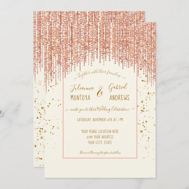  Sparking Glitter Ivory Rose GoldWedding Invite (Front/Back)