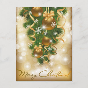 Sparking Snow on Christmas Ornaments, Pine Needles Holiday Postcard