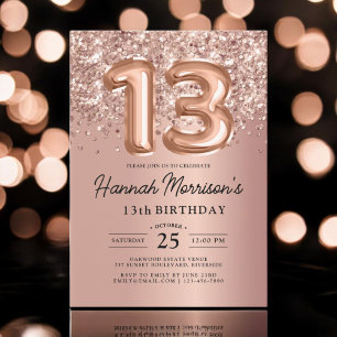 Sparkle 13th Birthday Rose Gold Balloons Party Invitation