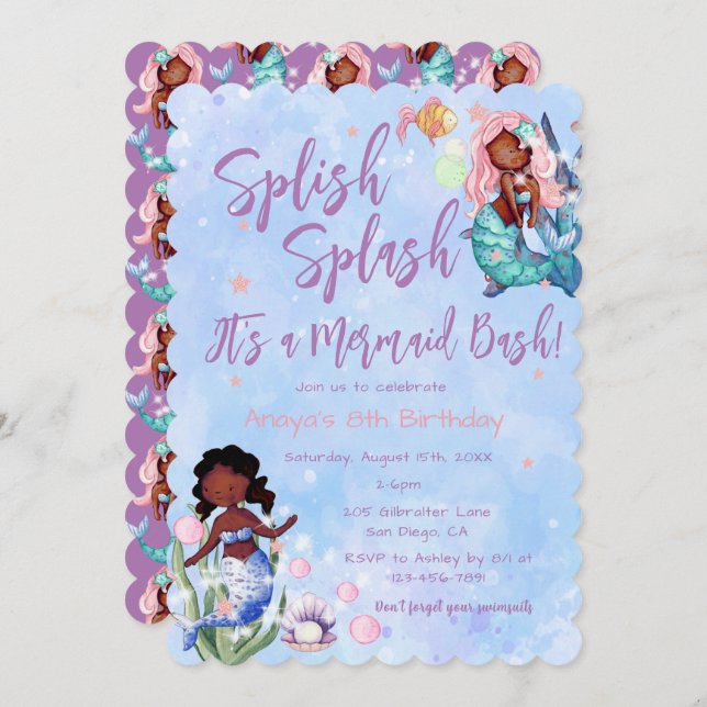 Sparkle African American Mermaid Bash Birthday Invitation (Front/Back)