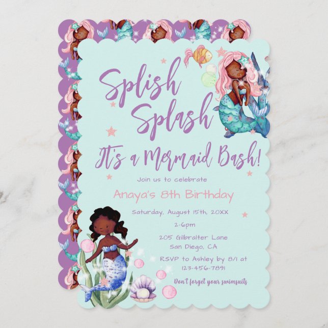 Sparkle African American Mermaid Bash Birthday  Invitation (Front/Back)