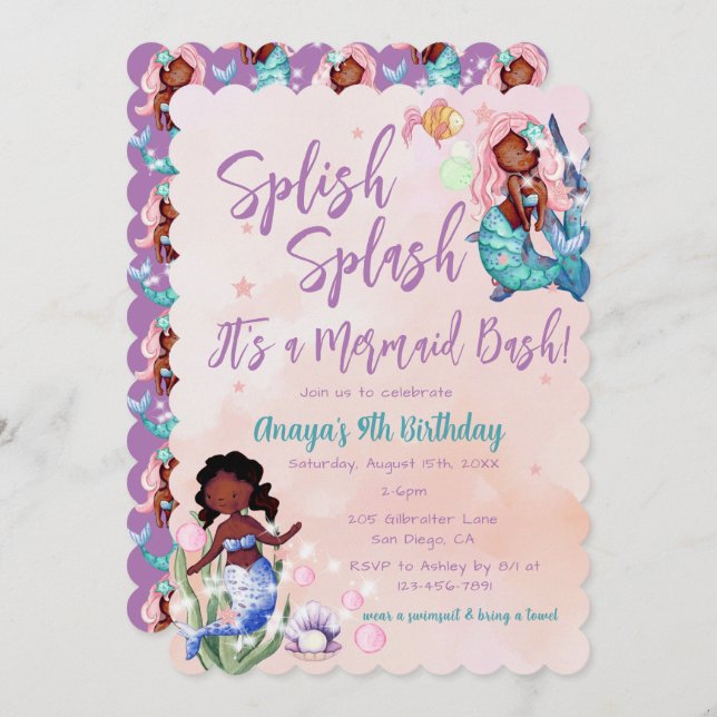 Sparkle African American Mermaid Bash Birthday  Invitation (Front/Back)