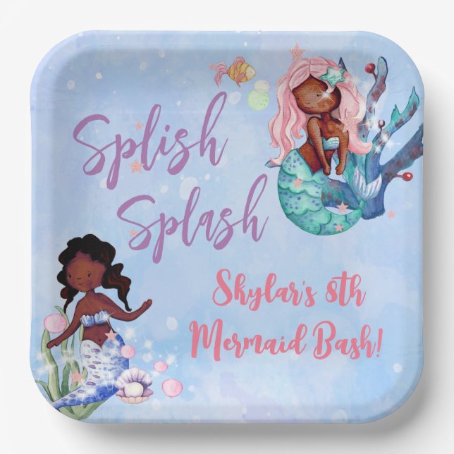 Sparkle African American Mermaid Bash Birthday  Paper Plate (Front)