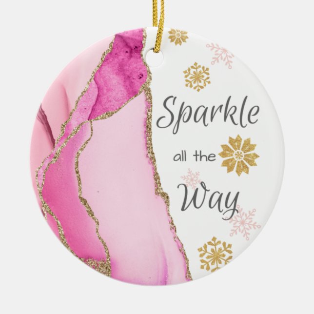 Sparkle all the Way Geode Pink Gold Glitter Ceramic Ornament (Front)