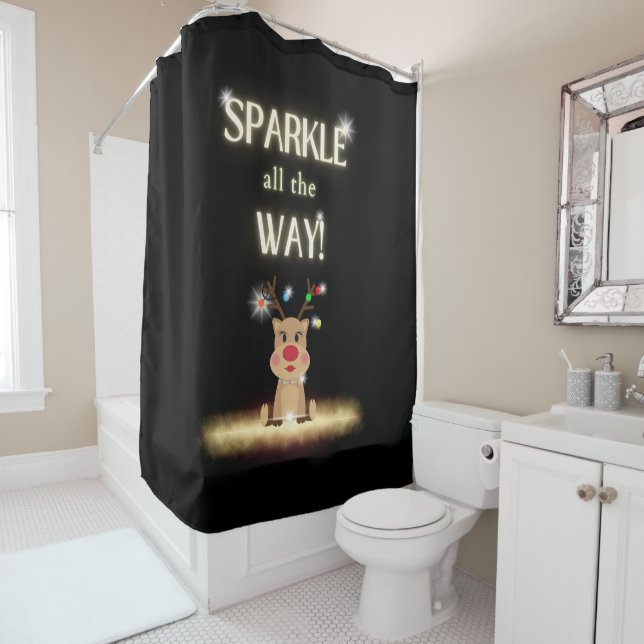 Sparkle All the Way Reindeer Shower Curtain (In Situ)