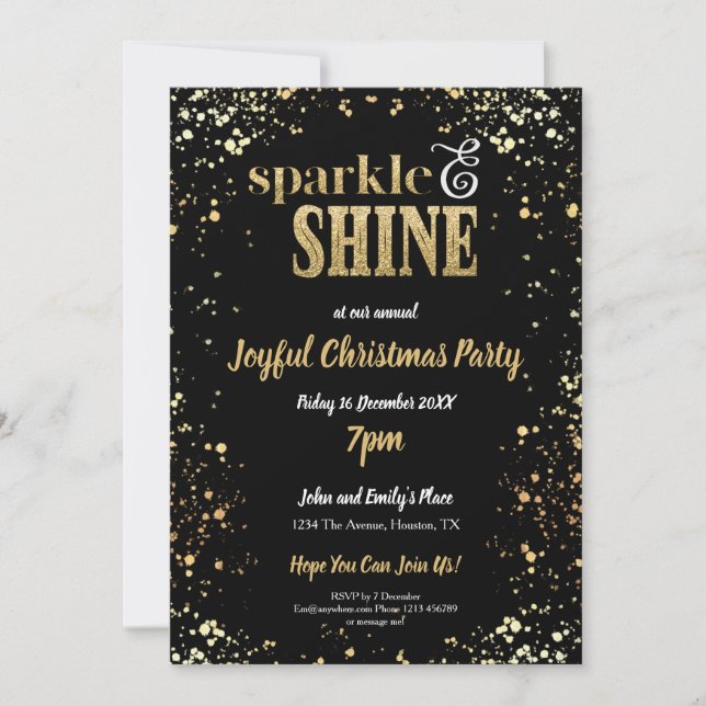 Sparkle And Shine Gold Black Christmas Party Invitation (Front)
