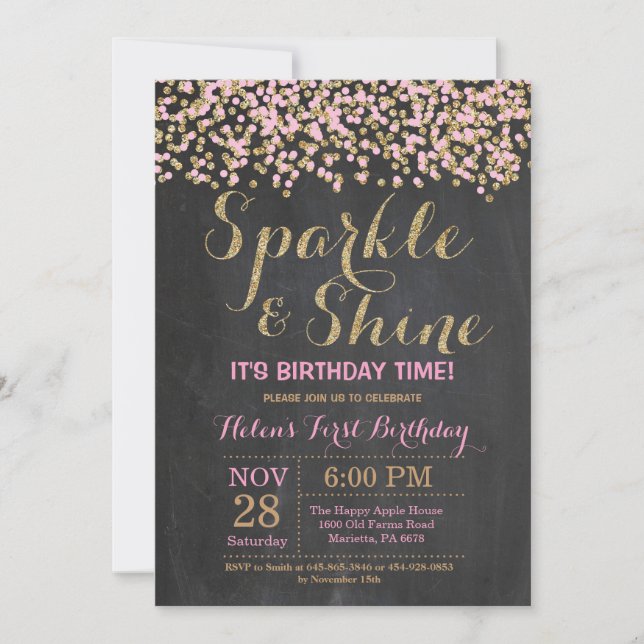Sparkle and Shine Pink Gold Birthday Invitation (Front)