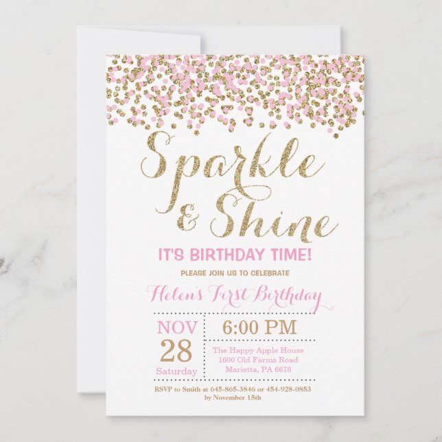 Sparkle and Shine Pink Gold Birthday Invitation (Front)