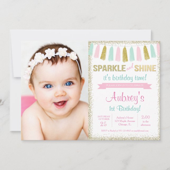 Sparkle and shine pink gold birthday photo invitation (Front)