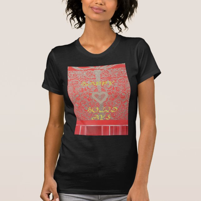 Sparkle and Shine: Red Glitter Heart Happy Holiday T-Shirt (Front)