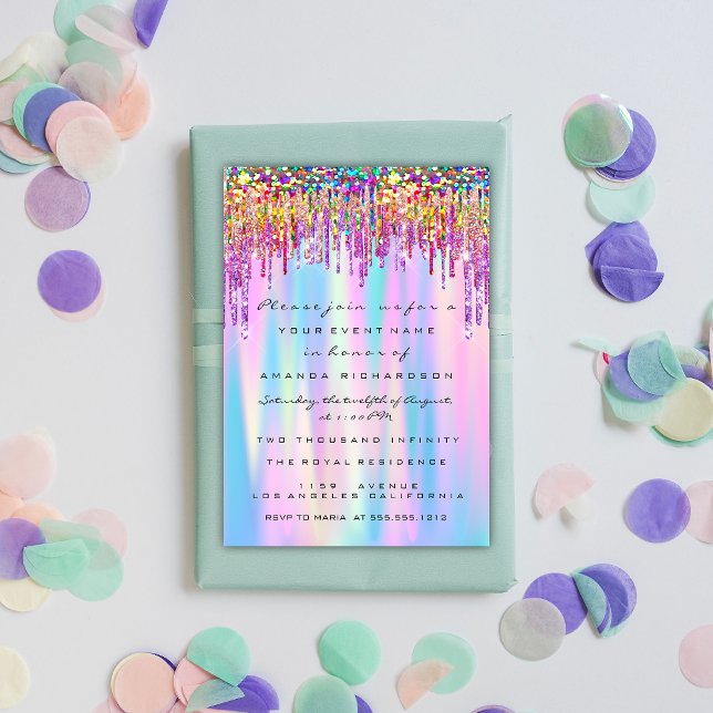 Sparkle and Shine with Rainbow Glitter Drip Bridal Invitation (Rainbow Glitter Drip Bridal Sweet 16th Holographic Invitation)