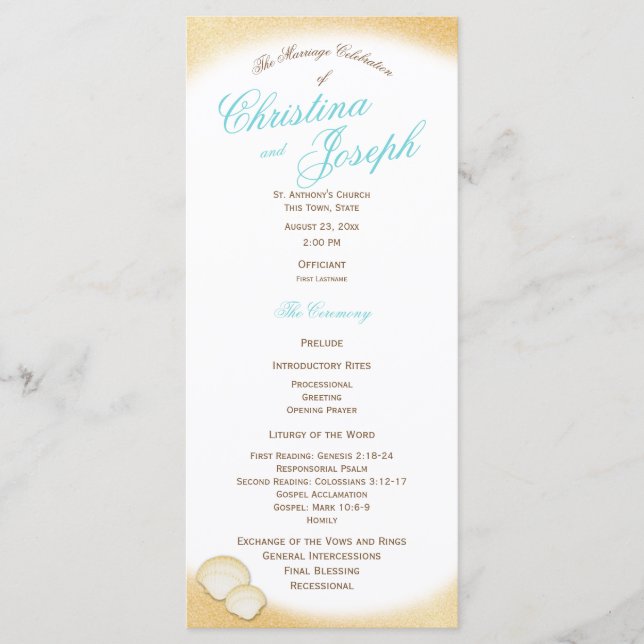 Sparkle Beach Golden Seashell Wedding Program (Front)