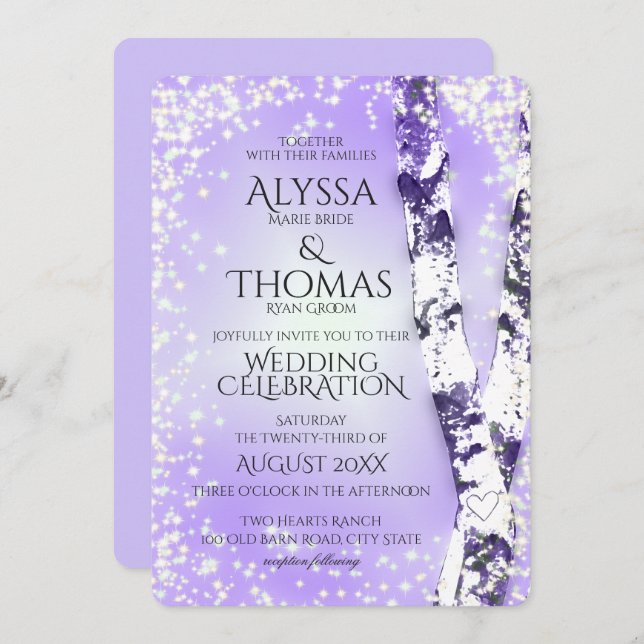 Sparkle Birch Wedding Violet Invitation (Front/Back)