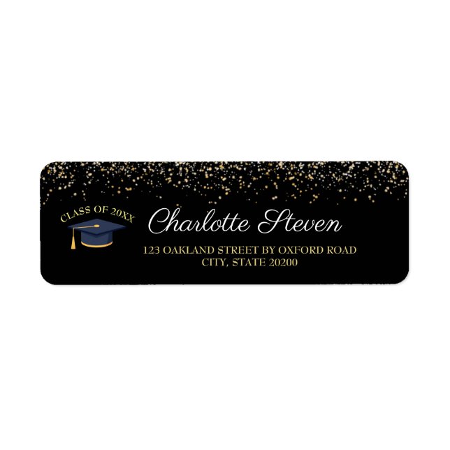 Sparkle Black and Gold Graduation Return Address Label (Front)