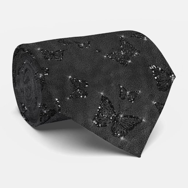 Sparkle Black Glam Butterflies  Tie (Rolled)