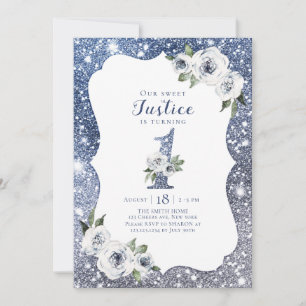 Sparkle blue glitter and floral 1st birthday invitation