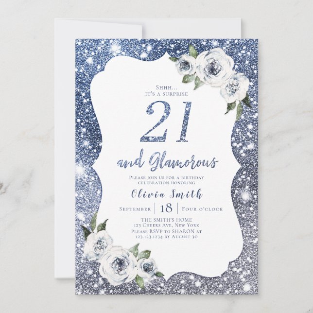 Sparkle blue glitter and floral 21st birthday invitation (Front)