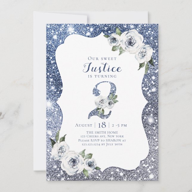 Sparkle blue glitter and floral 2nd birthday invitation (Front)