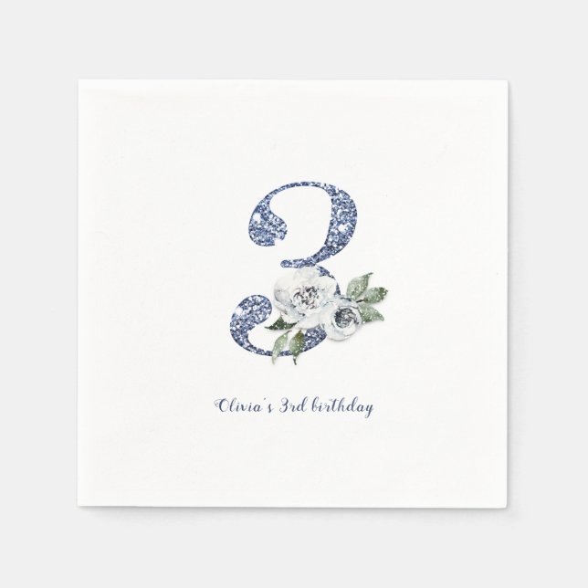 Sparkle blue glitter and floral 3rd birthday napkin (Front)