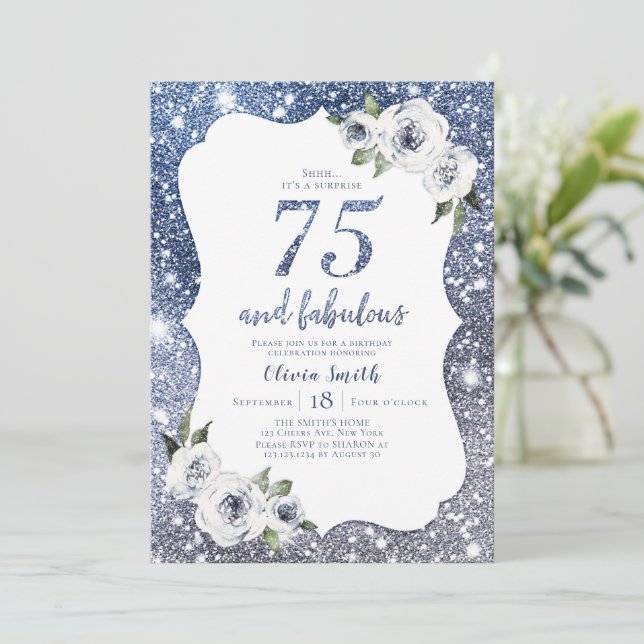 Sparkle blue glitter and floral 75th birthday invitation (Standing Front)
