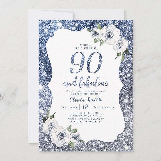Sparkle blue glitter and floral 90th birthday invitation (Front)