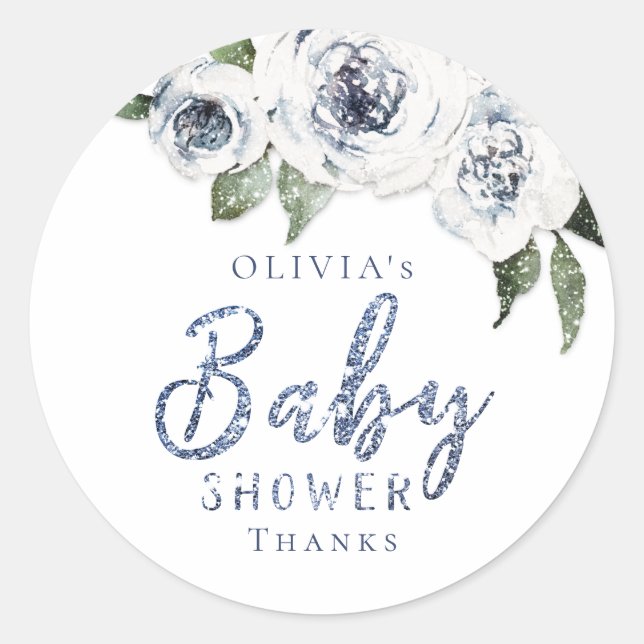 Sparkle blue glitter and floral baby shower classic round sticker (Front)