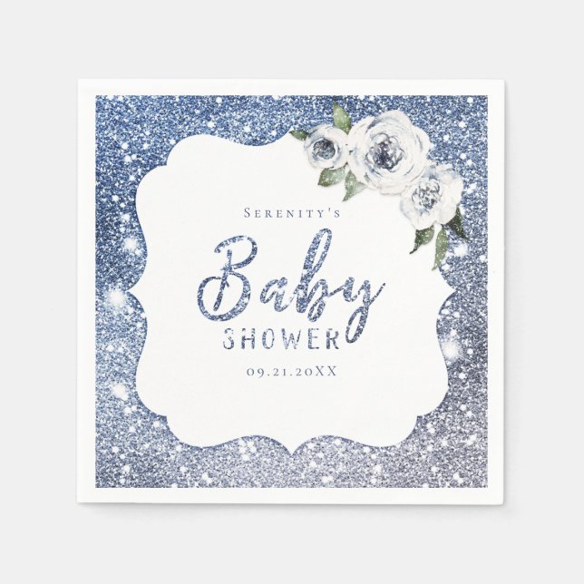Sparkle blue glitter and floral baby shower napkin (Front)