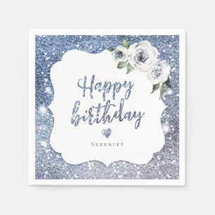 Sparkle blue glitter and floral happy birthday napkin