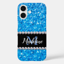 Sparkle Blue Glitter & Gems with Name and Monogram