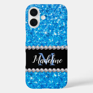 Sparkle Blue Glitter & Gems with Name and Monogram iPhone 16 Case
