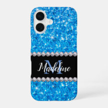 Sparkle Blue Glitter & Gems with Name and Monogram