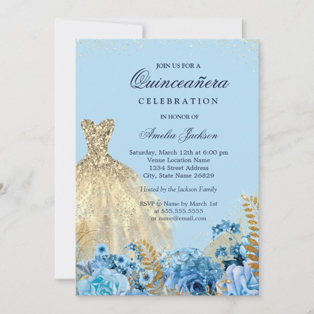 Sparkle Blue Gold Glitter Dress Sweet Sixteen Invitation (Front)