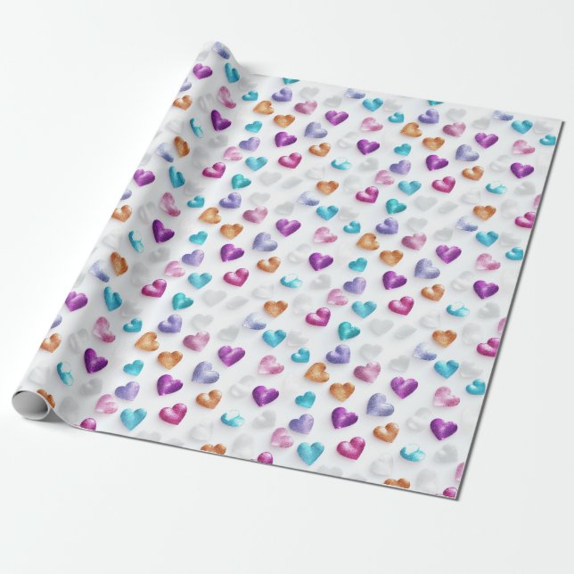 Sparkle Blue, Purple, Gold & Pink Glitter Hearts Wrapping Paper (Unrolled)